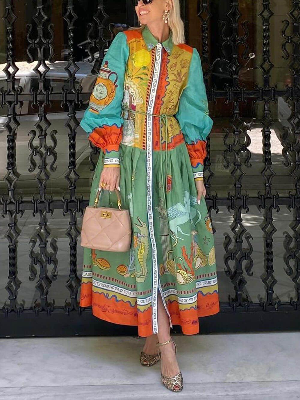 Robe longue ceinturée en lin à imprimé animal océanique