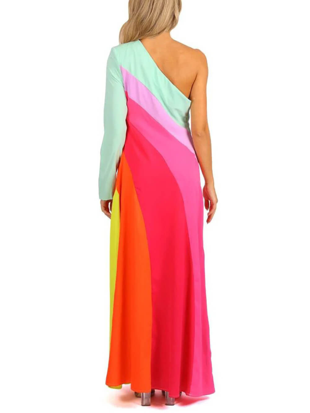 Robe longue unique à une épaule et à blocs de couleurs