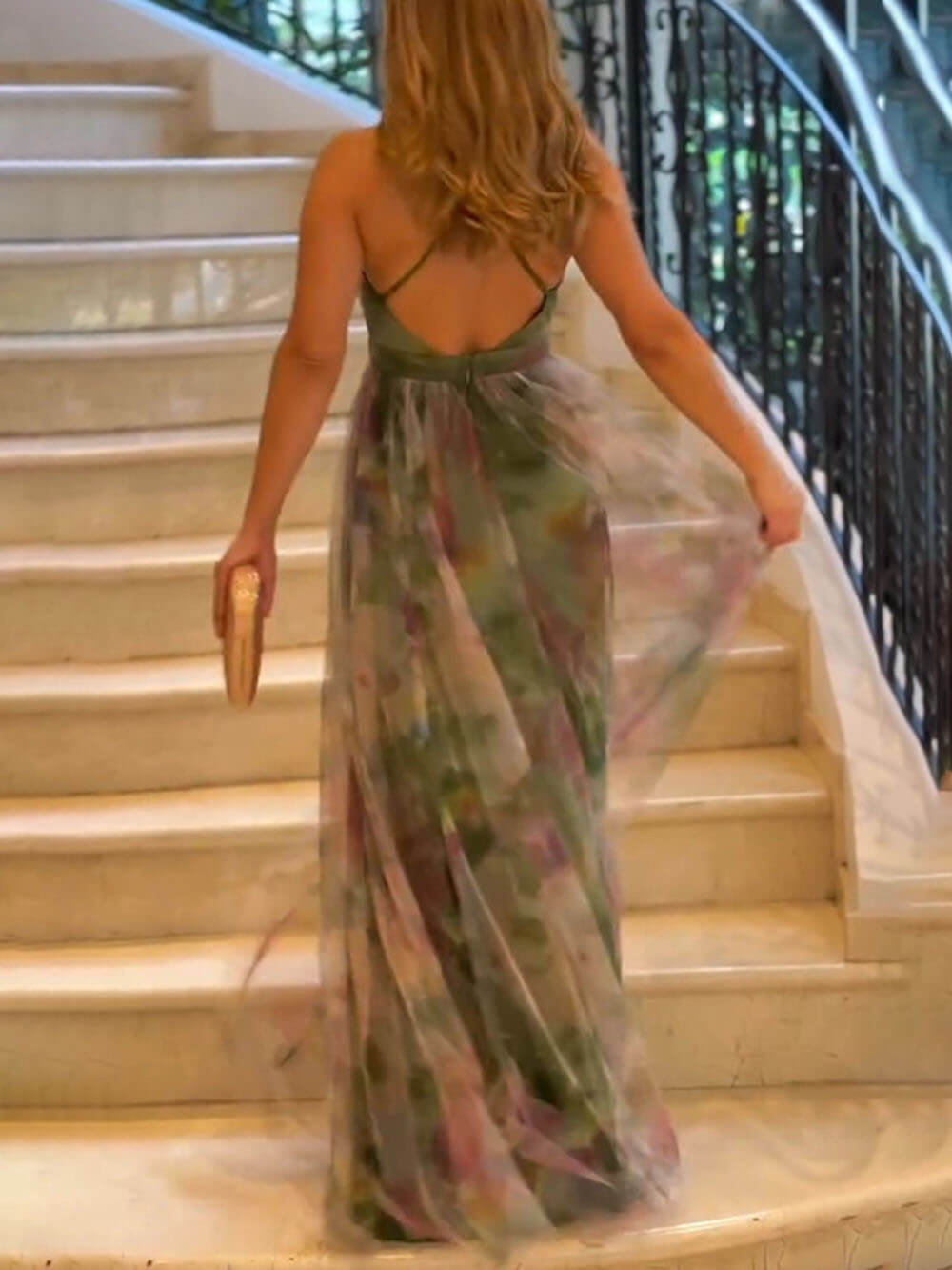 Elegant Casual Mesh Print Suspender Wide Swing Maxi Dress