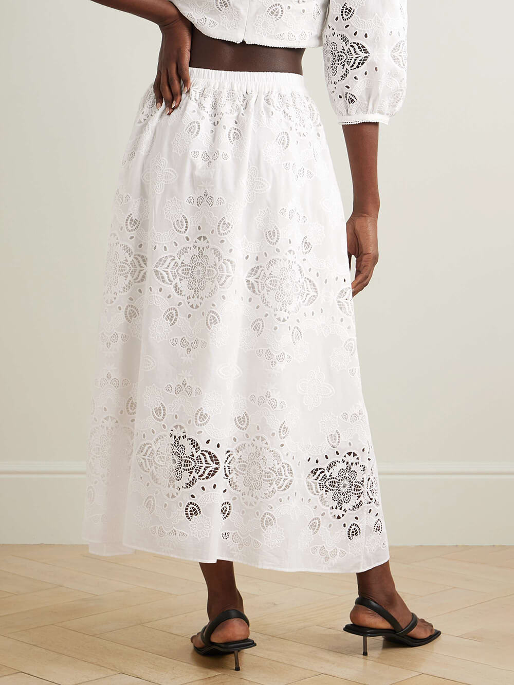 Retro Lace Crochet Embroidered Elastic Waist Midi Skirt