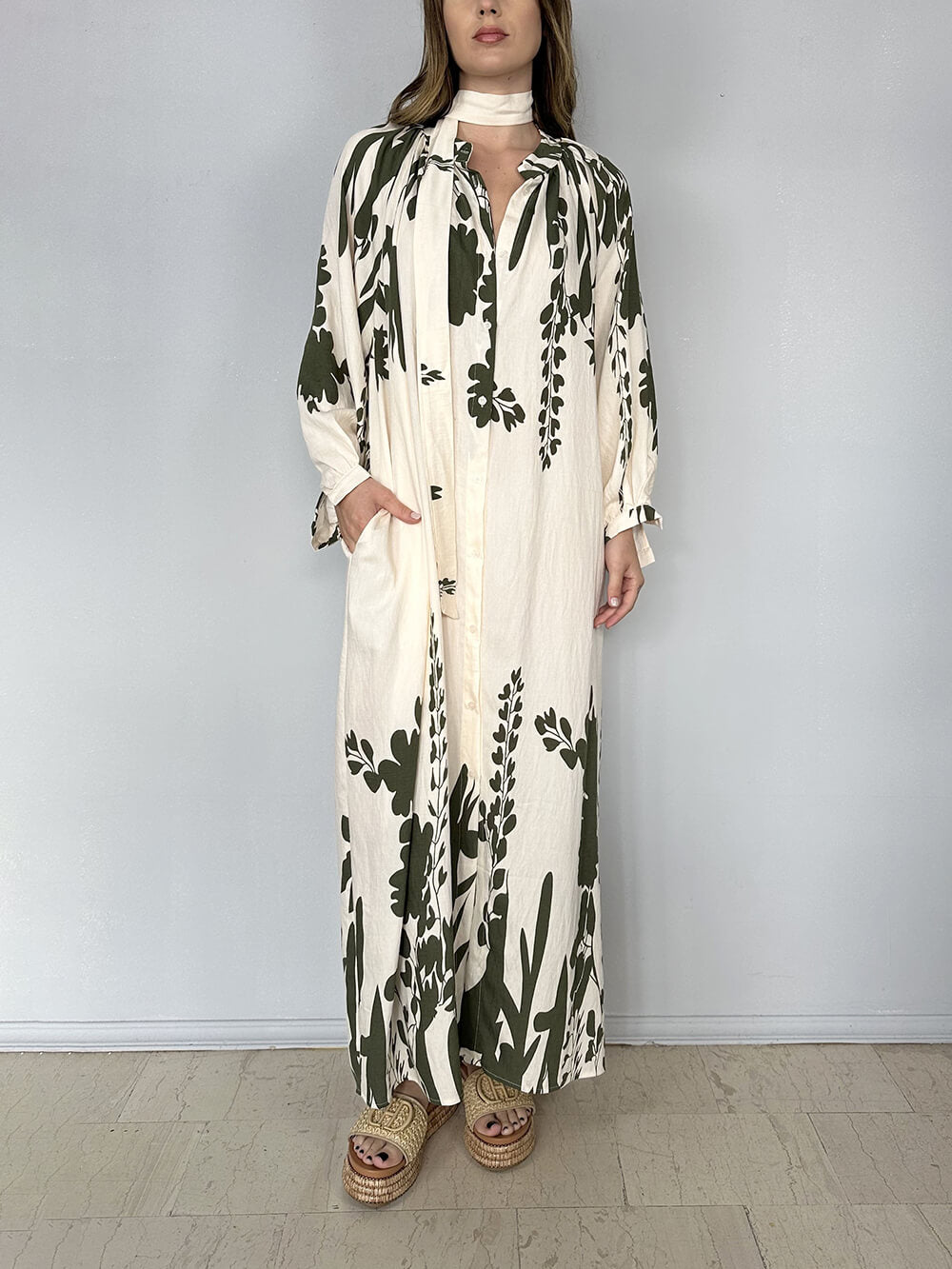 Robe longue fendue à imprimé bohème unique et ceinture