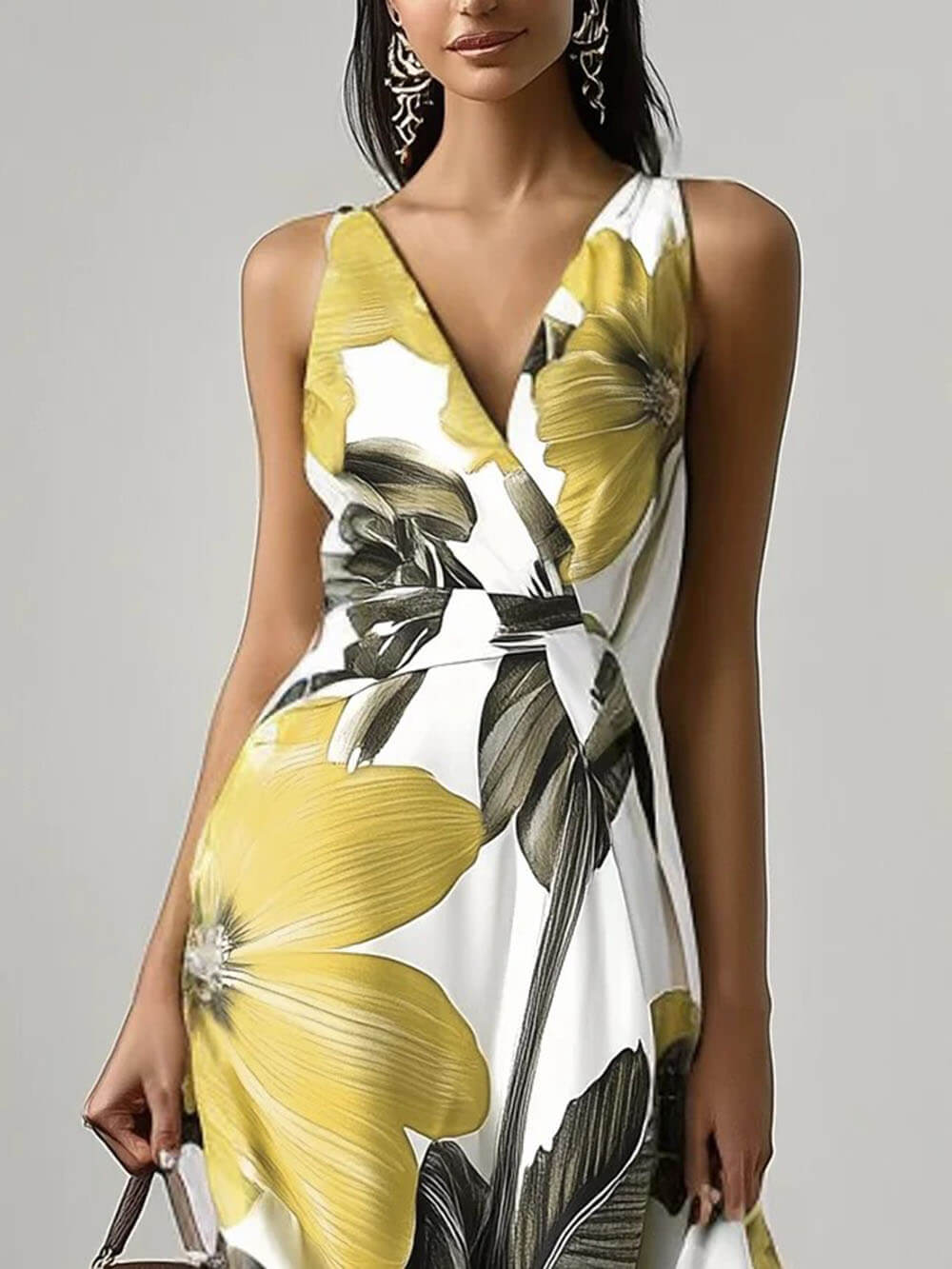 Elegant Floral Print Classic V Neck Sleeveless A-Line Maxi Dress