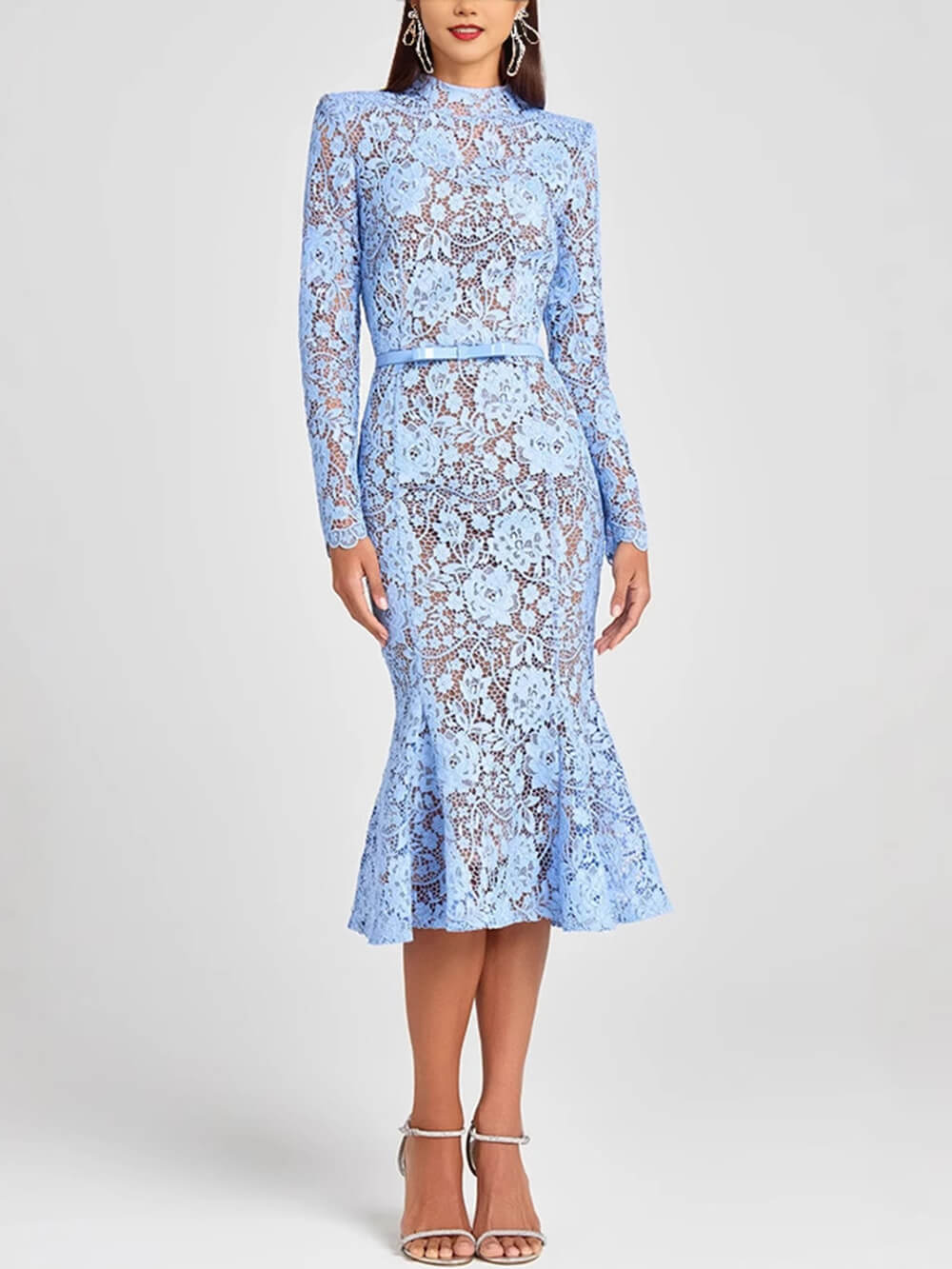Elegantes langärmliges Meerjungfrau-Midikleid mit Spitzengürtel