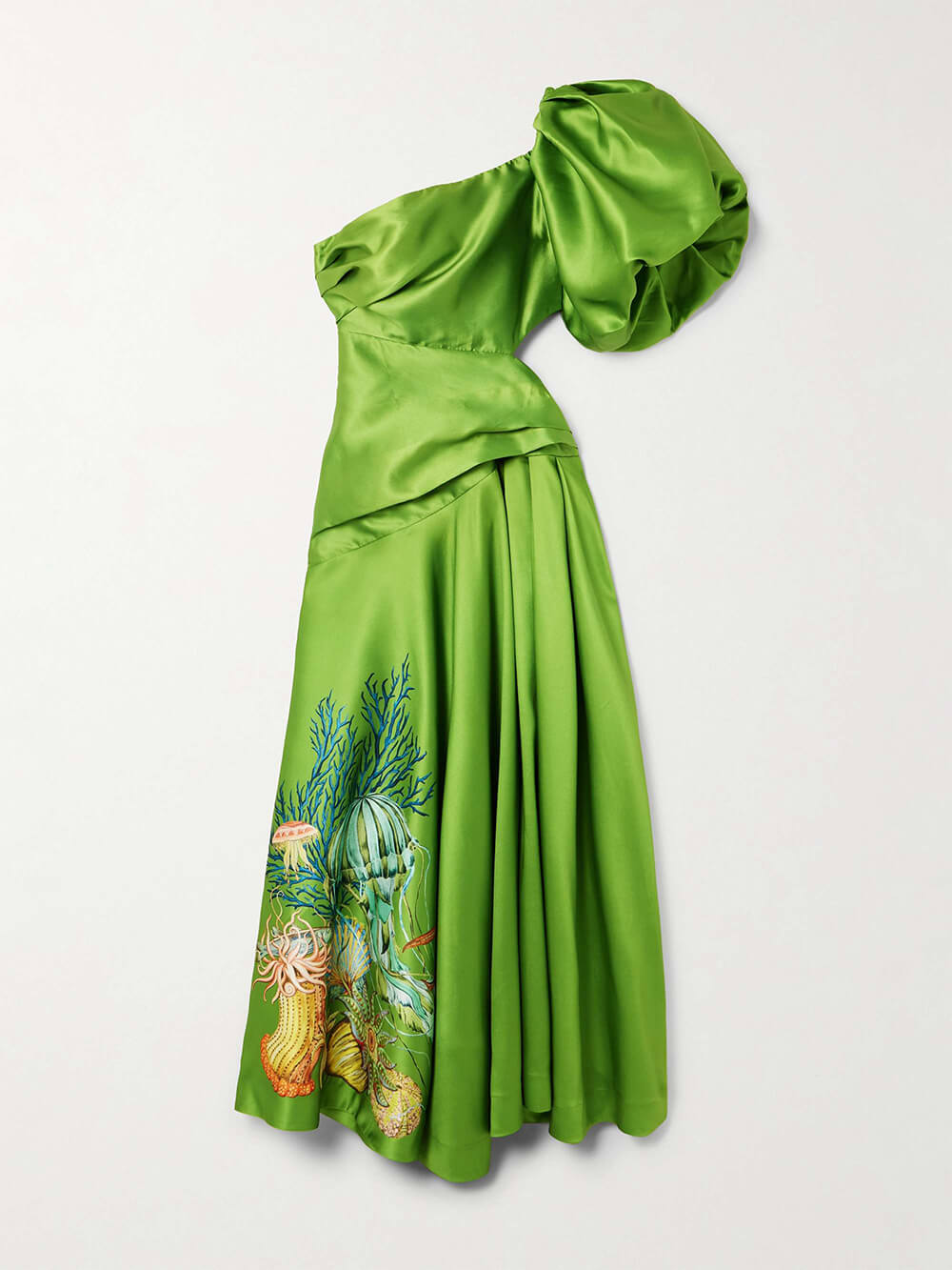 Robe longue unique en satin sergé imprimé à une épaule froncée