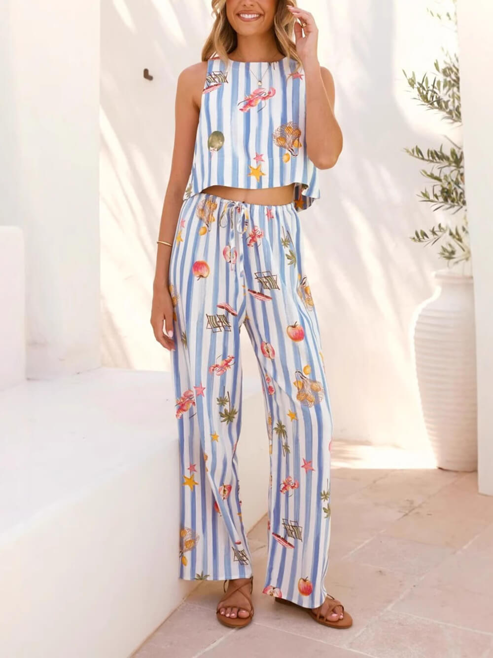 Casual Fruit Print Linen Sleeveless Striped Set