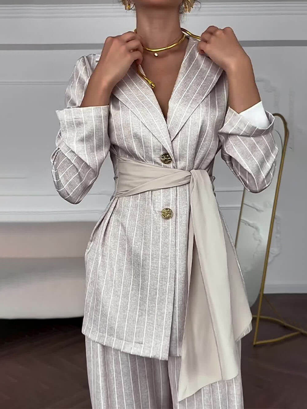 Elegant Lapel Striped Print Tie-Waist Blazer