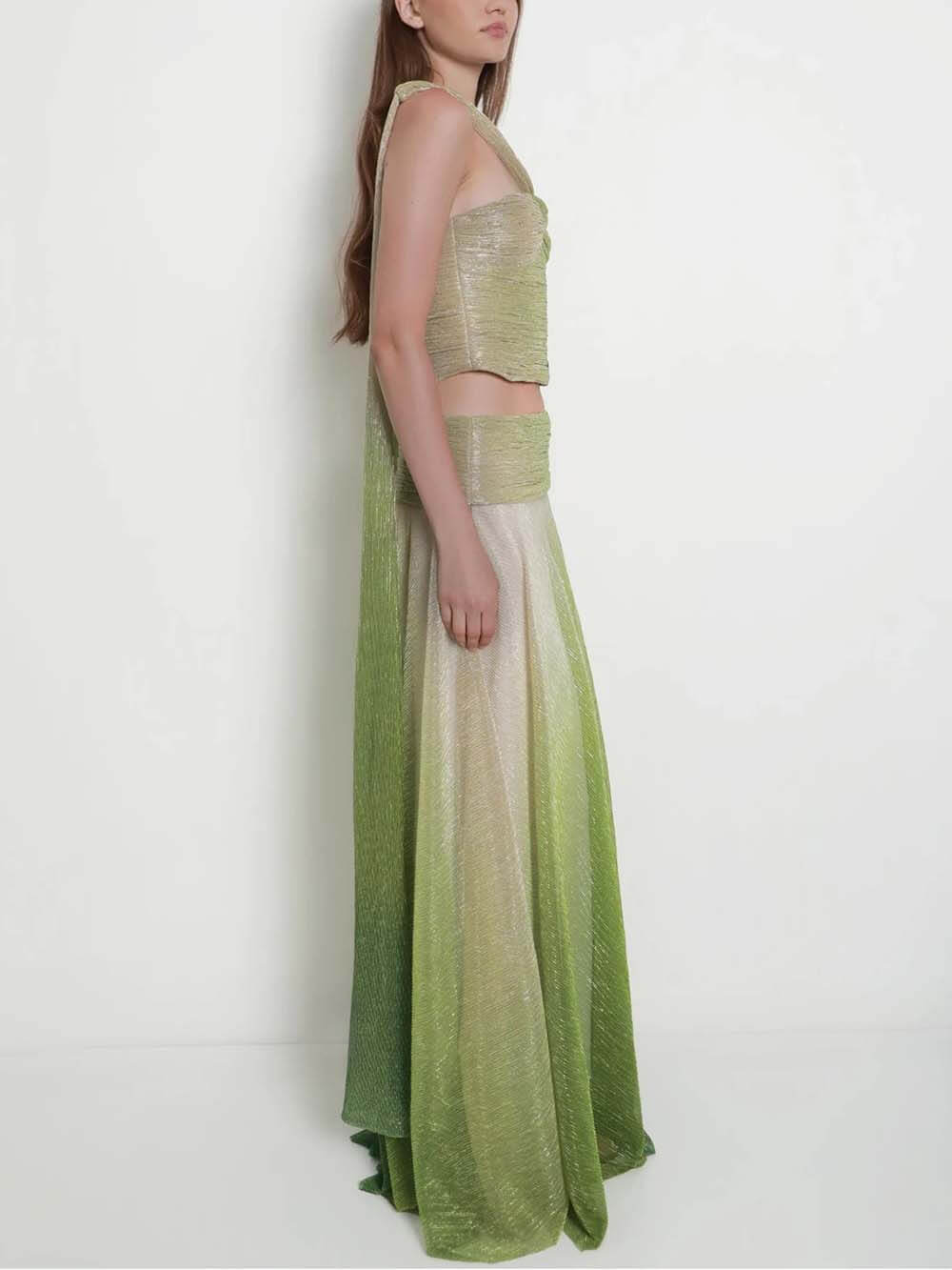 Elegantes Set aus One-Shoulder-Cutout-Top mit Ombre-Print und hoch tailliertem A-Linien-Rock