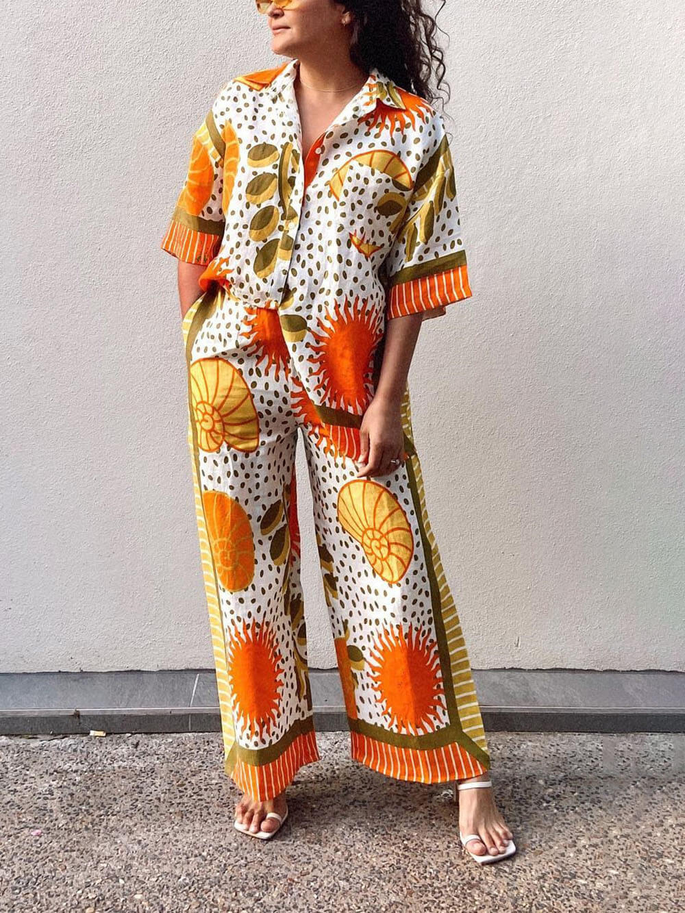 Casual Unique Satin Sun Print Loose Elastic Waist Drawstring Pocket Wide Leg Pants