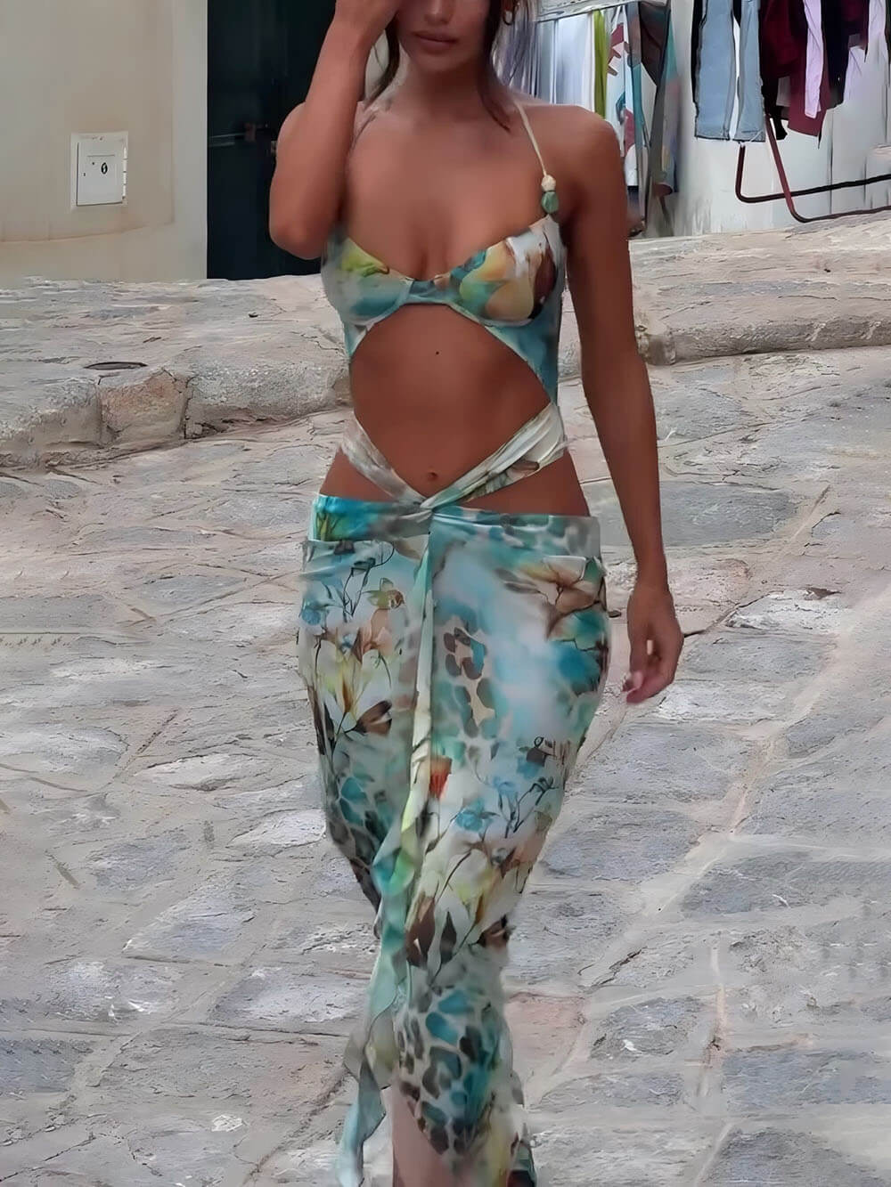 Robe de plage imprimée à bretelles sexy qui remonte les hanches