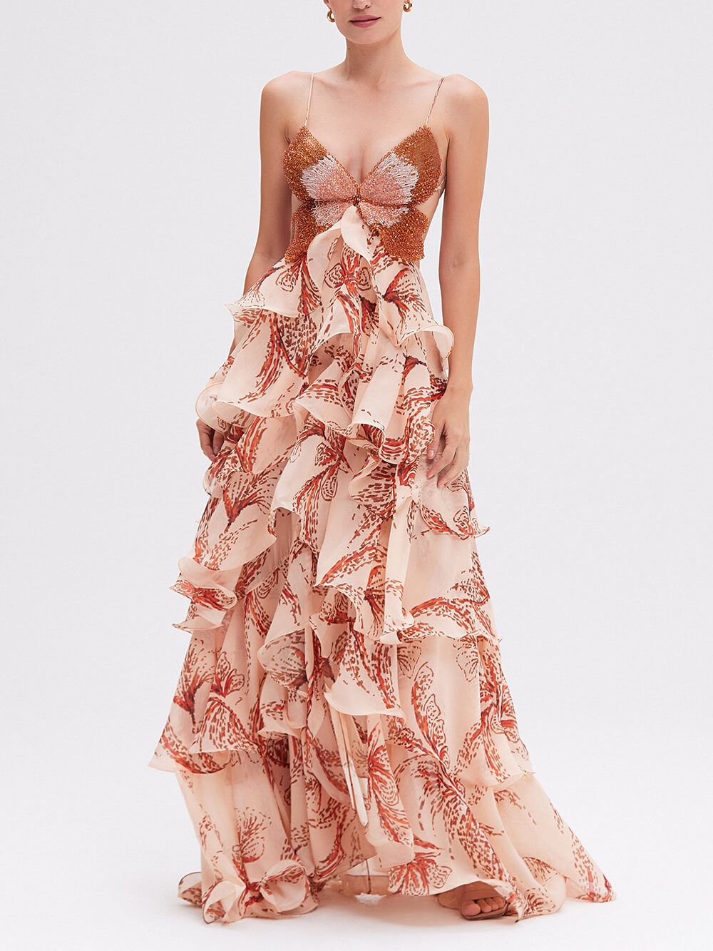 Maxikleid mit gestuftem Sunset-Schmetterlings-Print und Neckholder-Rücken