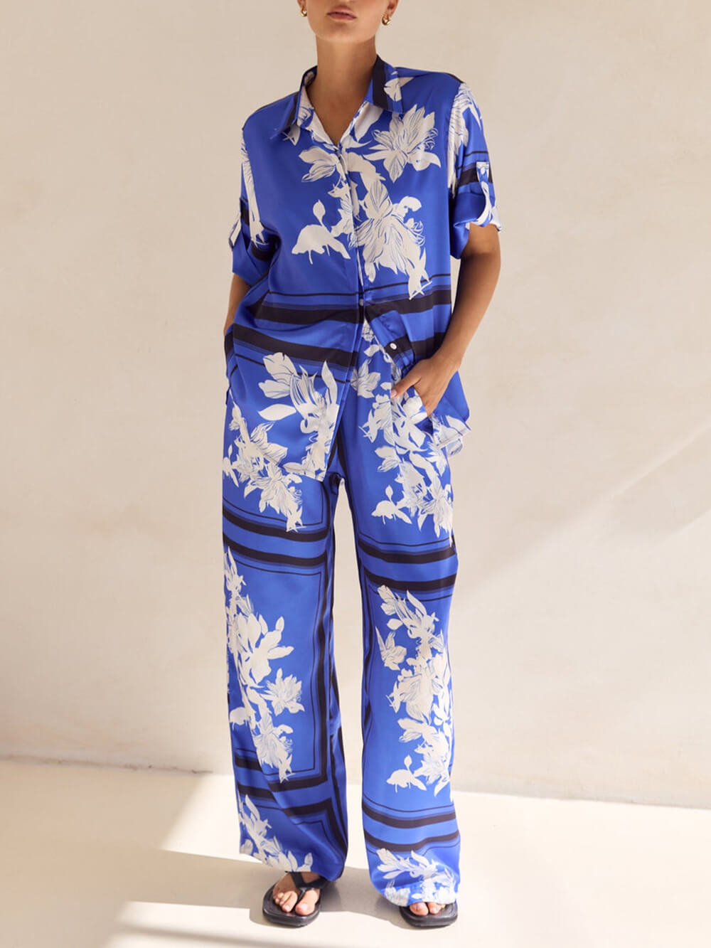 Casual Unique Satin Floral Print Loose Button Oversized Shirt