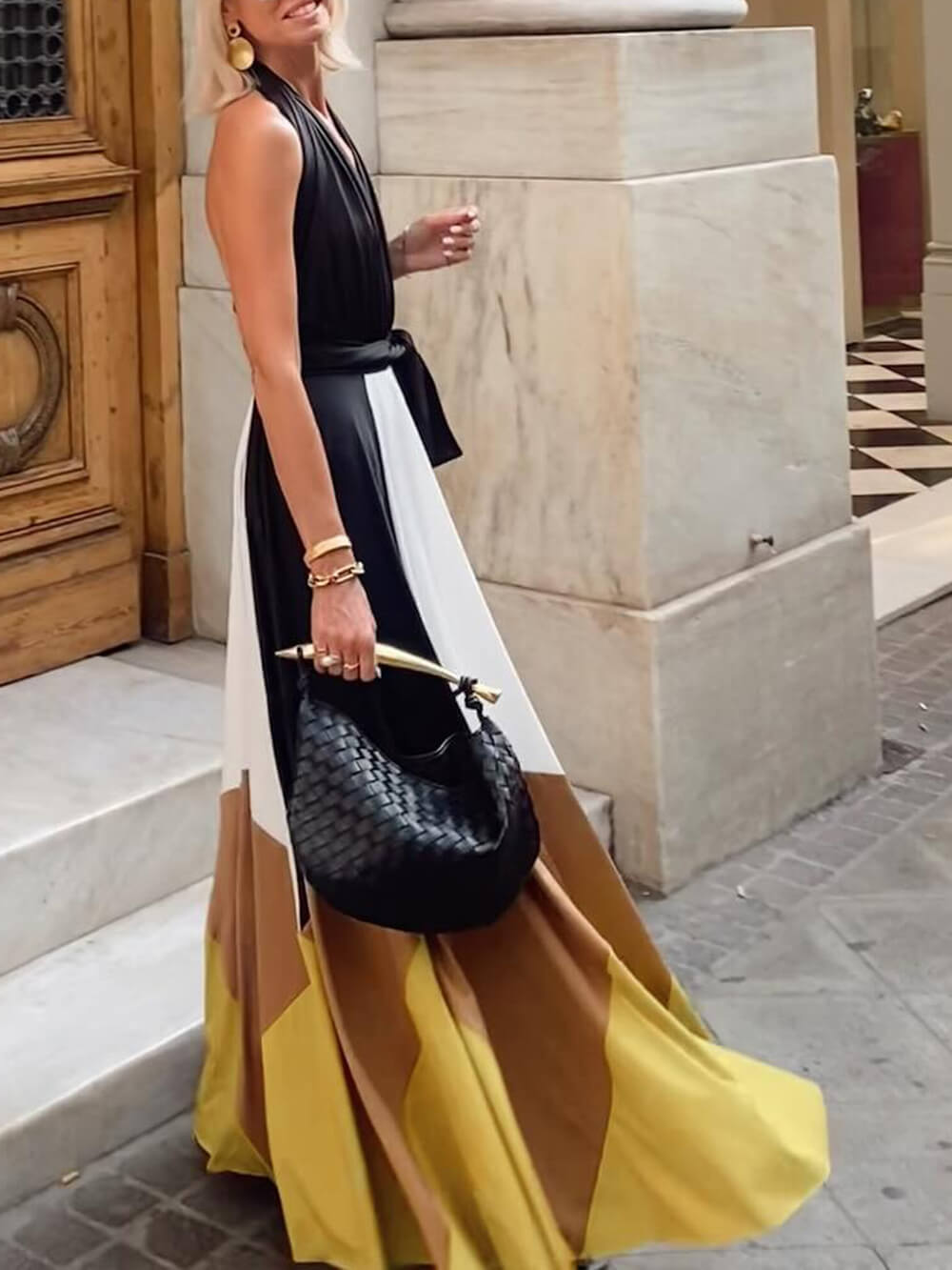 Elegant Geometric Patchwork Backless Tie-Back Maxi Dress