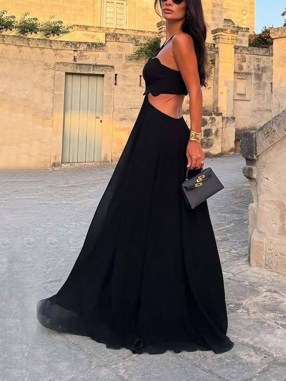 Rückenfreies Party-Maxikleid mit zarten Cut-Outs und Rüschen und Spaghettiträgern