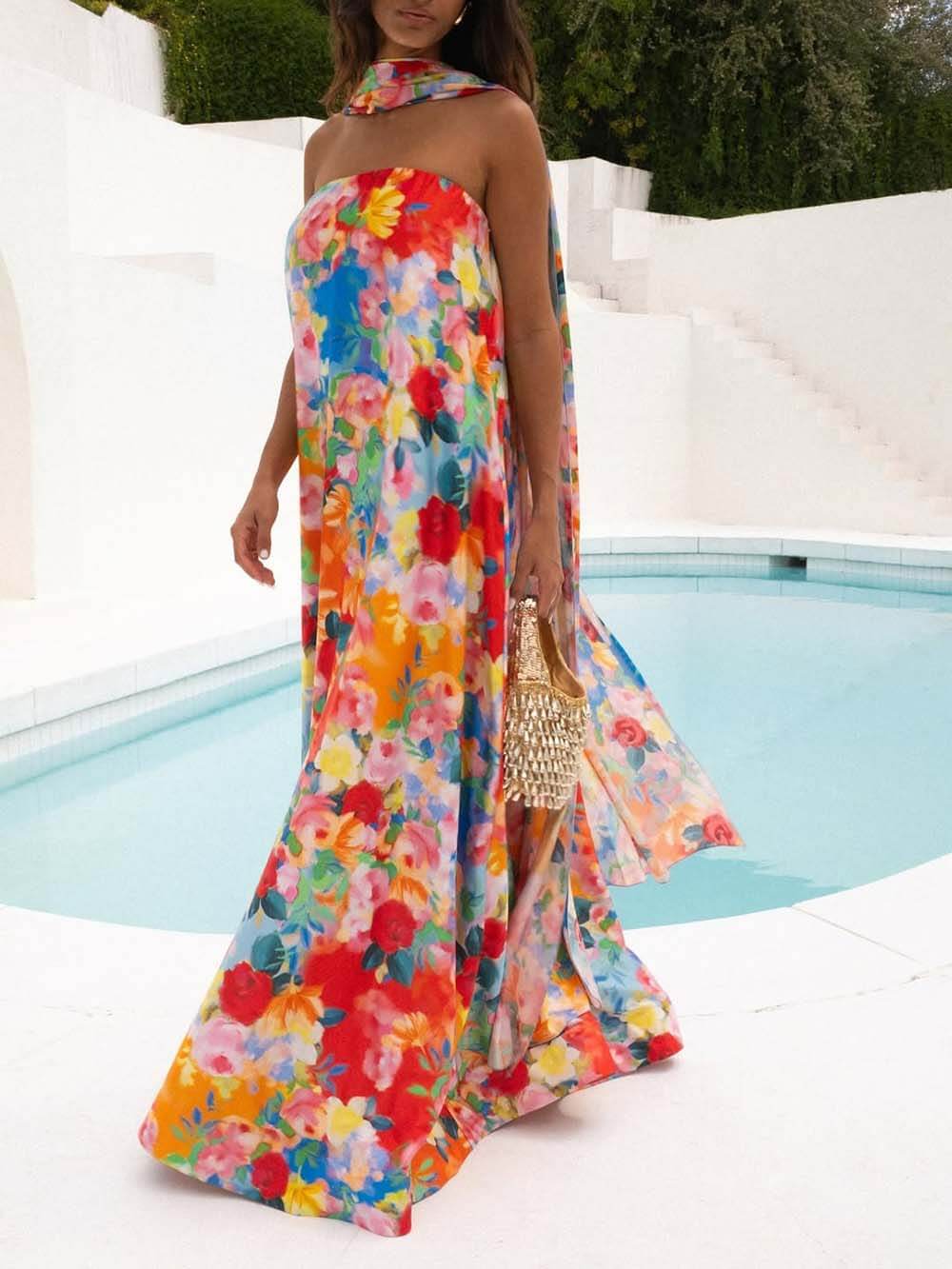 Maxikleid mit schulterfreiem Schal und Retro-Blumendruck