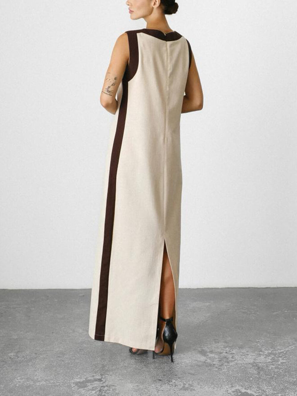 Robe longue en lin à ceinture et blocs de couleurs rétro unique