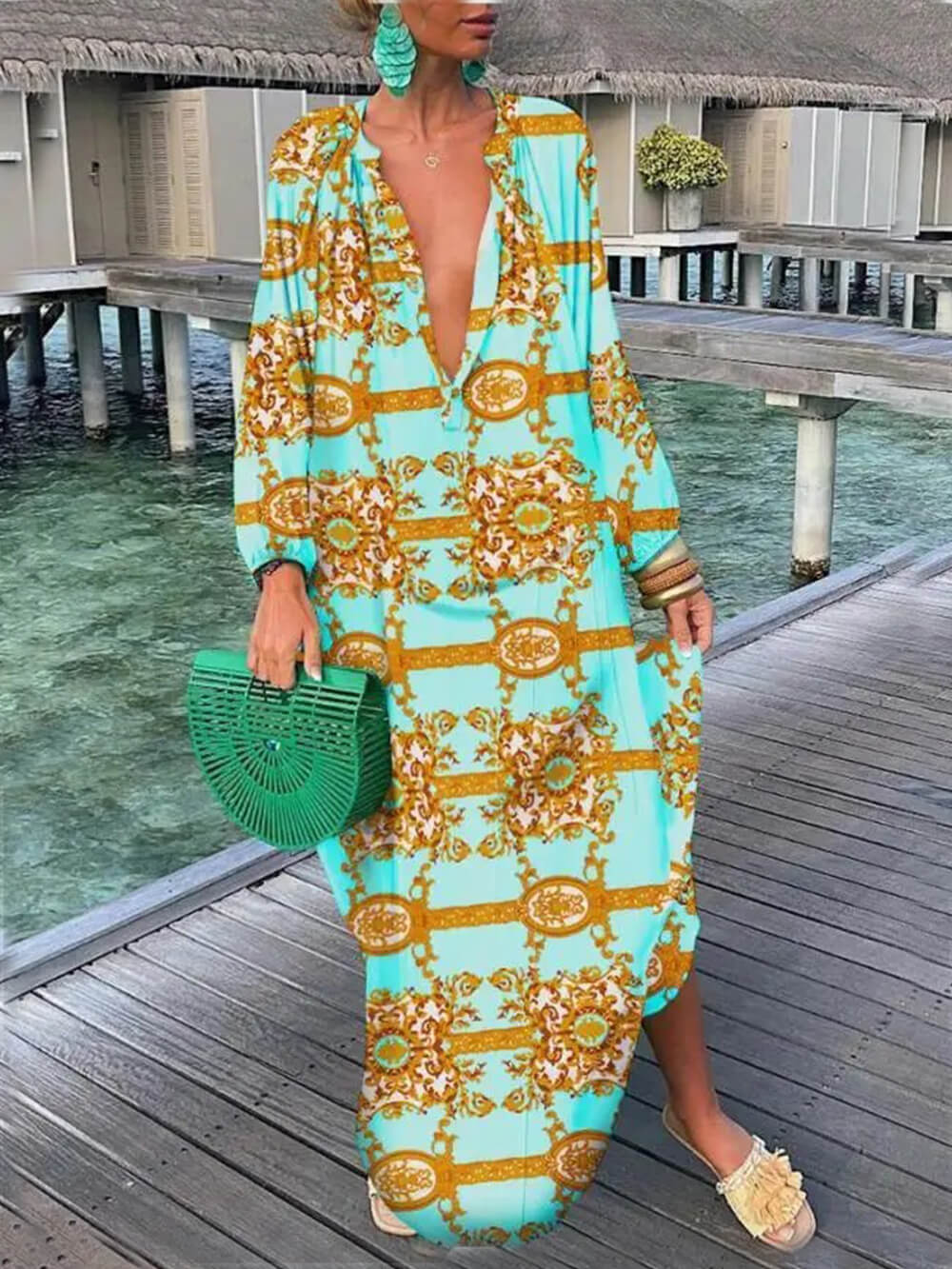 Robe longue bohème imprimée à col en V