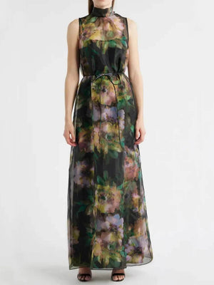 Unique Floral Print Tie-Drawn Chiffon Cocktail Maxi Dress