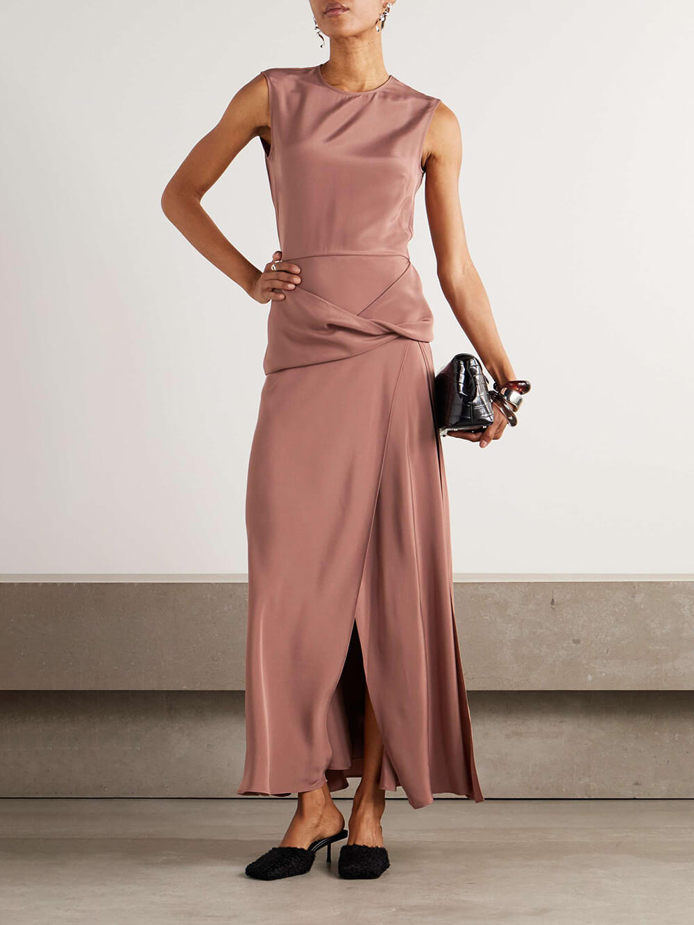 Elegant Cutout Draped Satin Maxi Dress
