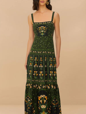 Robe longue plissée au dos en lin mélangé à imprimé floral tropical unique