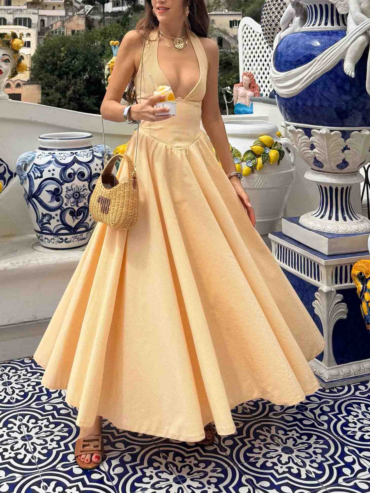 Elegant Light-colored Fine Check Backless Suspender Maxi Dress