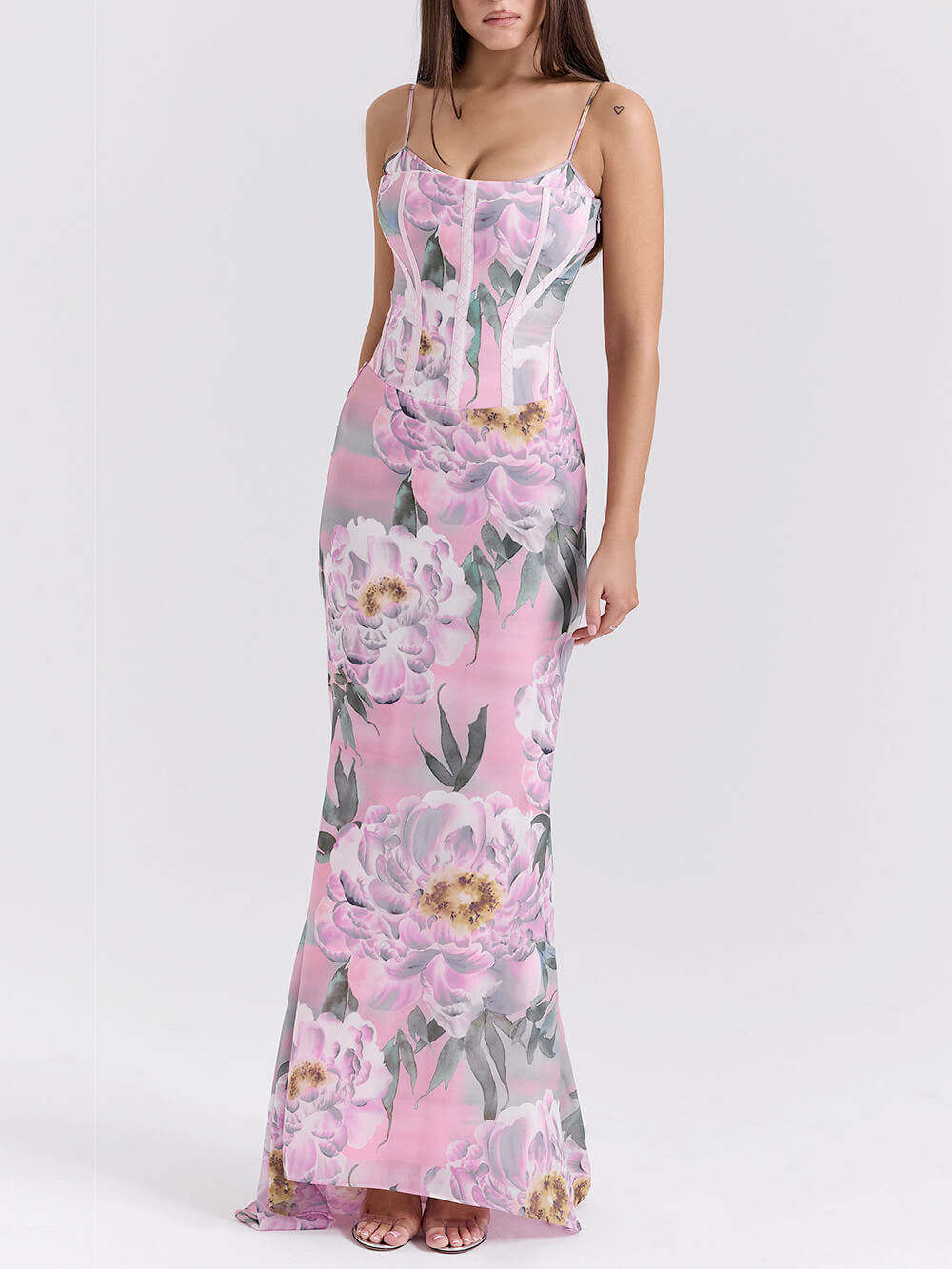 Robe longue corset à imprimé floral rose rétro