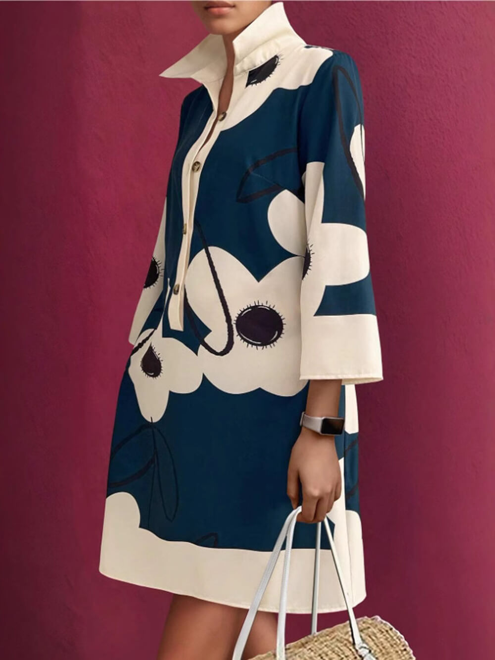 Elegantes, bedrucktes, locker sitzendes Minikleid mit 3/4-Ärmeln