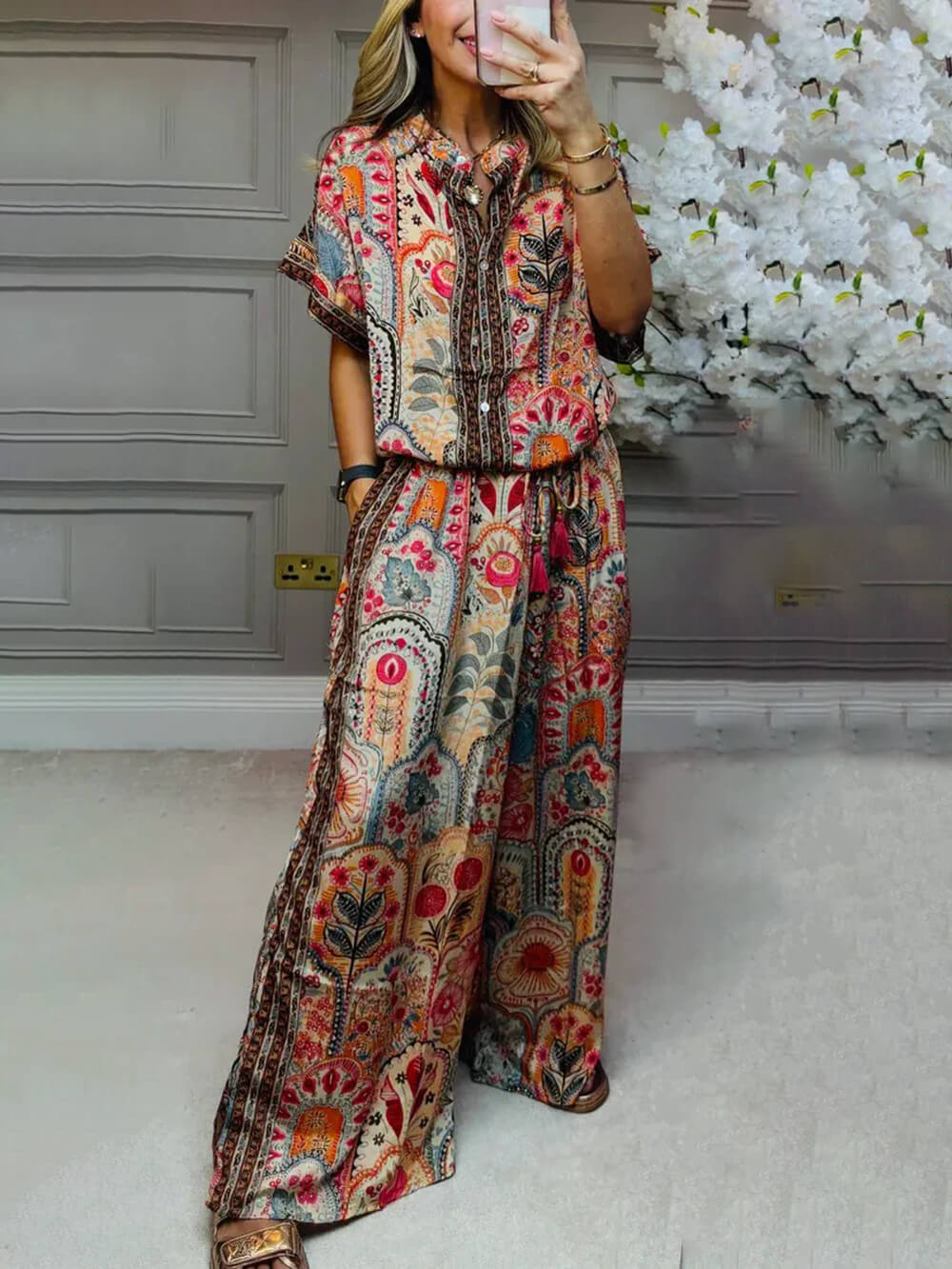Pantalon large décontracté à taille élastique et poches à imprimé bohème