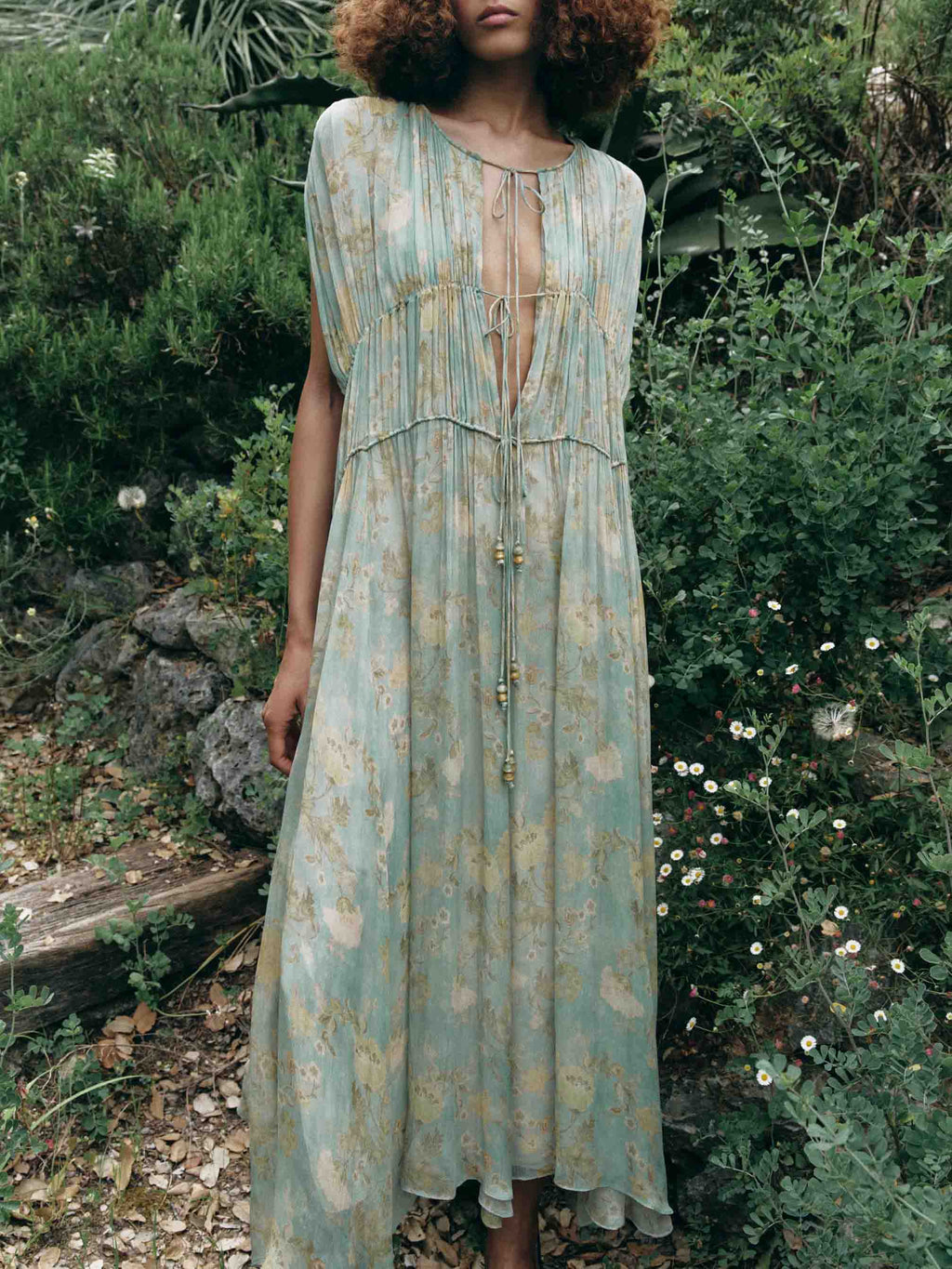 Elegant Floral-print Drawstring Chiffon Maxi Dress