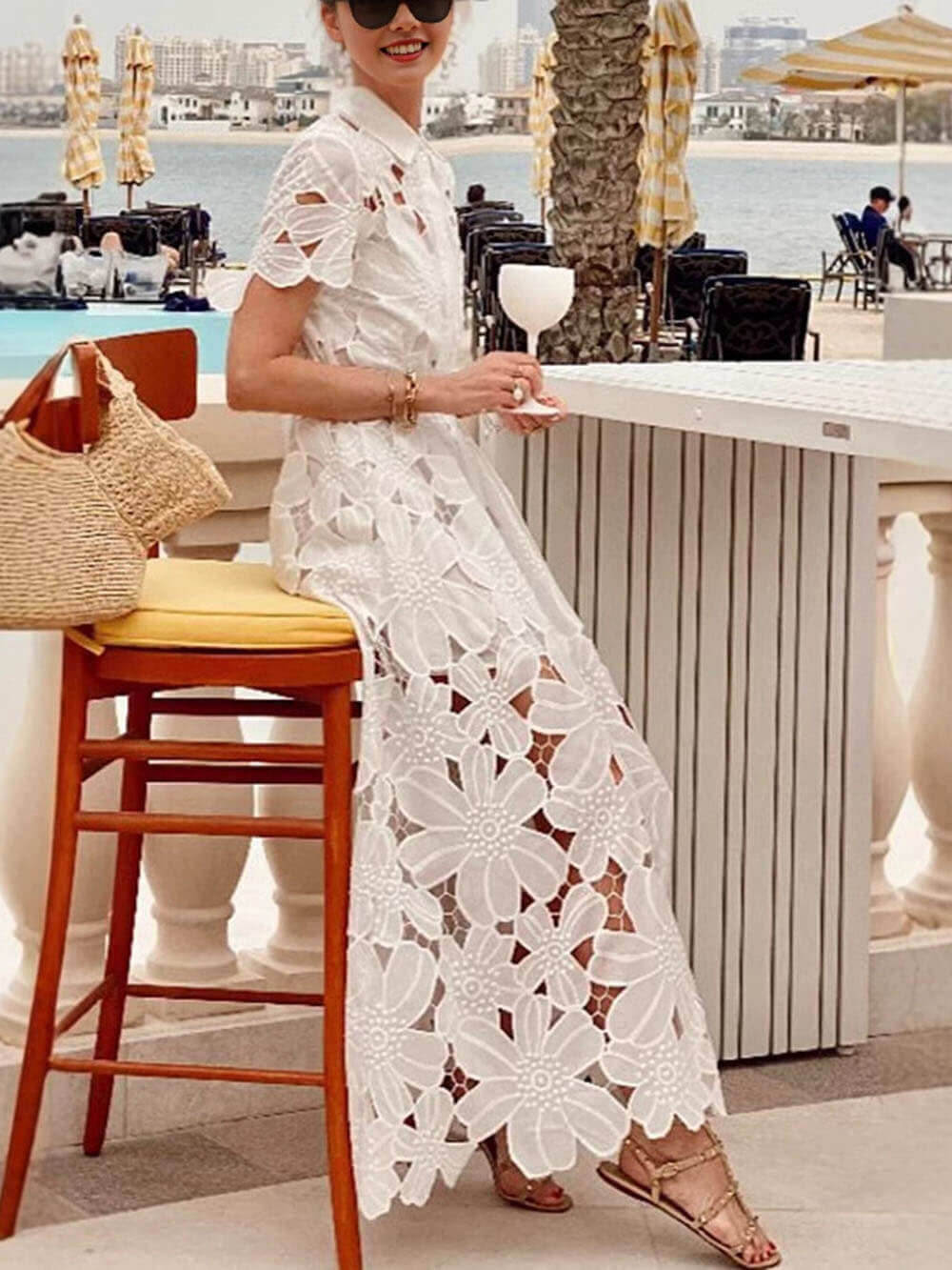 Robe longue d'été décontractée en dentelle à simple boutonnage