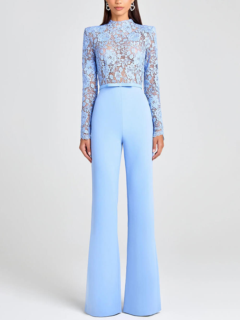 Combinaison évasée élégante en dentelle à fleurs et patchwork, manches longues, nœud et ceinture