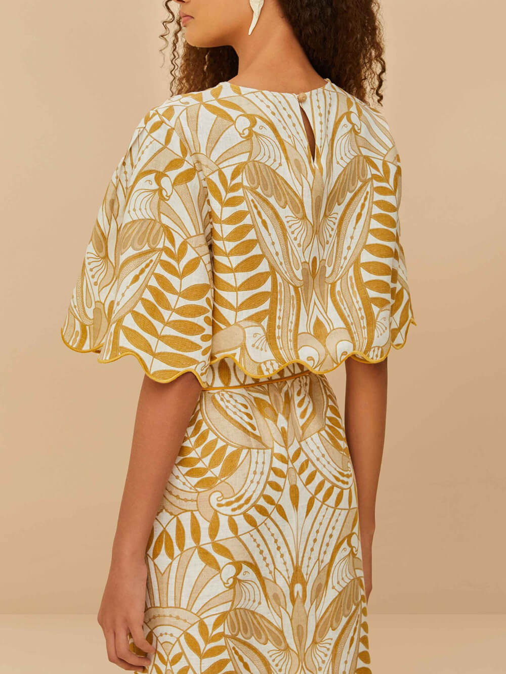 Retro Unique Print Wave Trim Linen Blend Elastic Waist Pocket Midi Skirt
