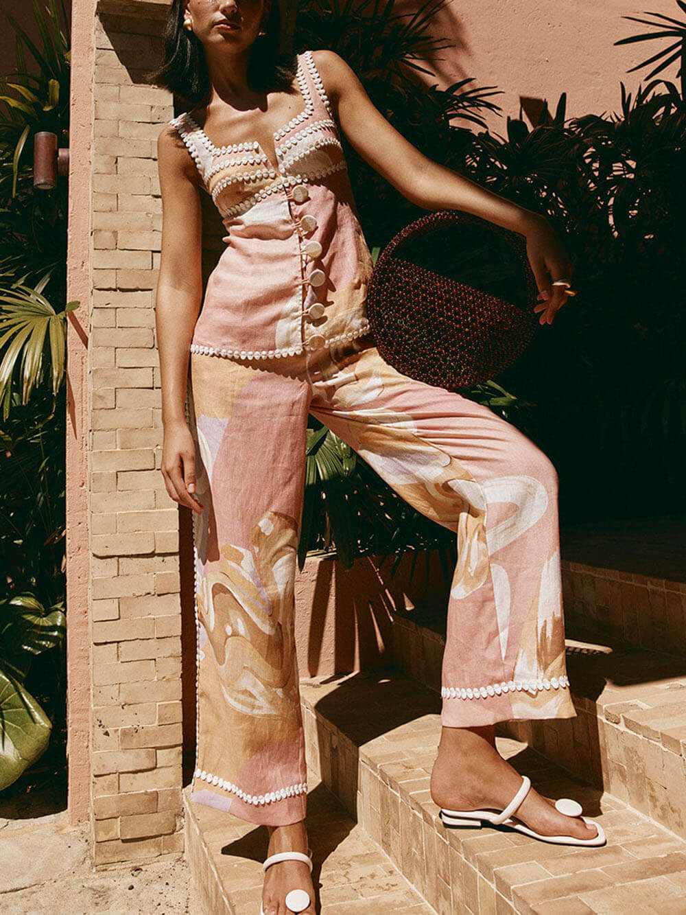 Pantalon ample taille haute en lin mélangé avec bordures florales pour l'été