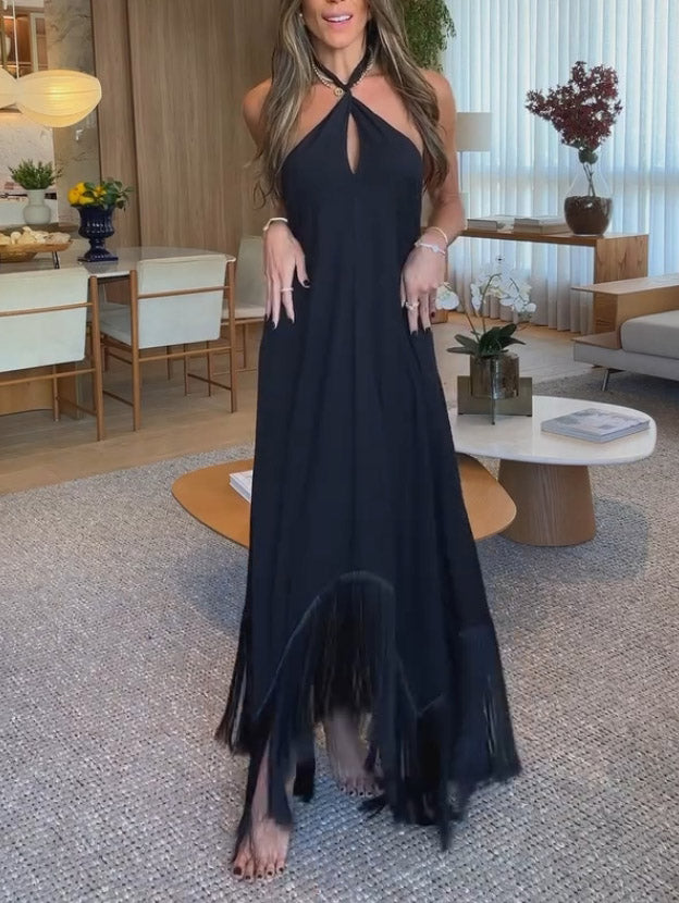 Elegant Halterneck Irregular Tassel Maxi Dress