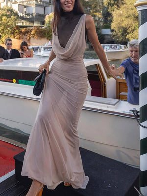 Elegant Sheer Drape-Neck Ruched Front Maxi Dress