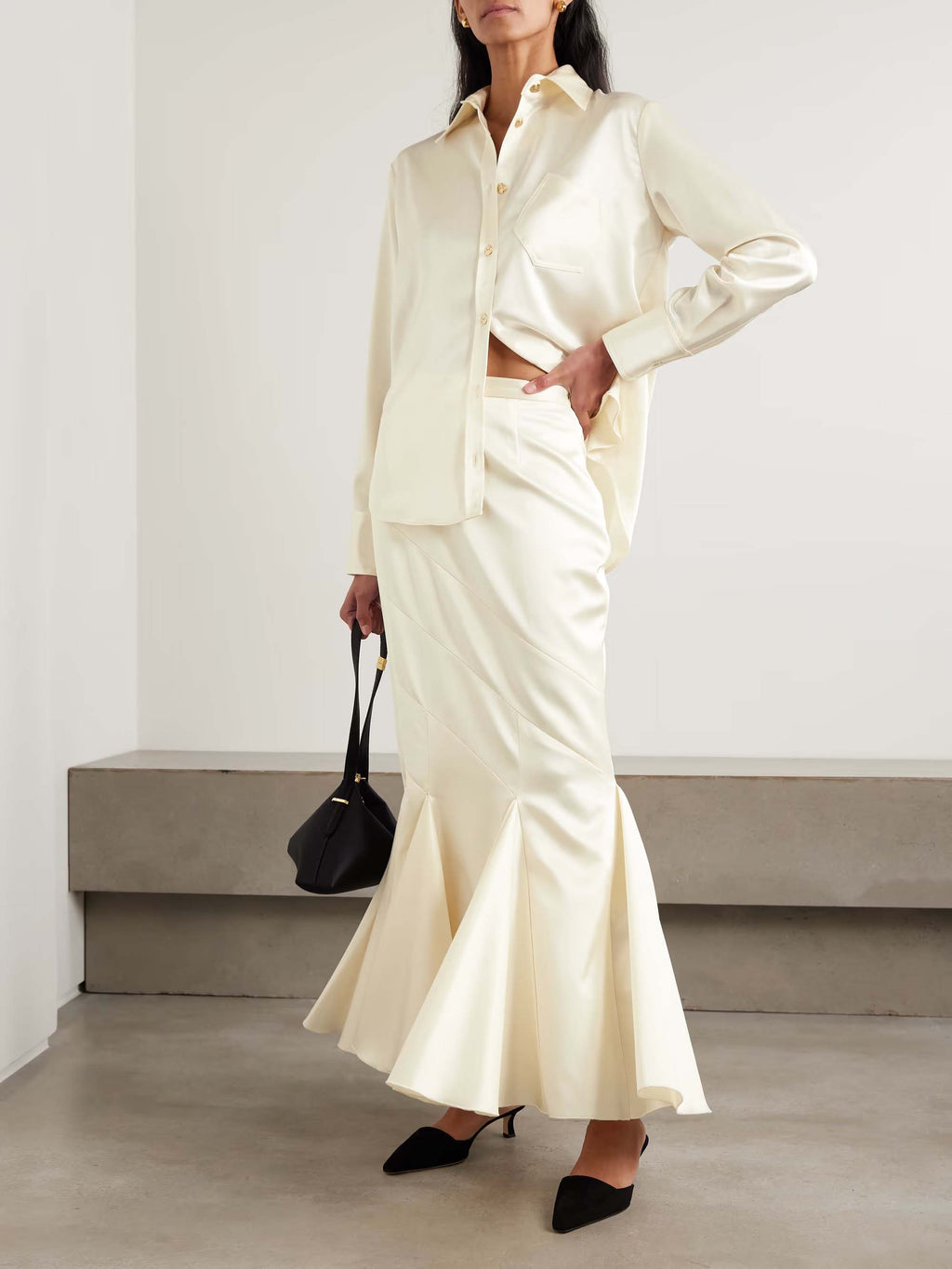 Elegant Satin Button-Embellished Long-Sleeve Shirt