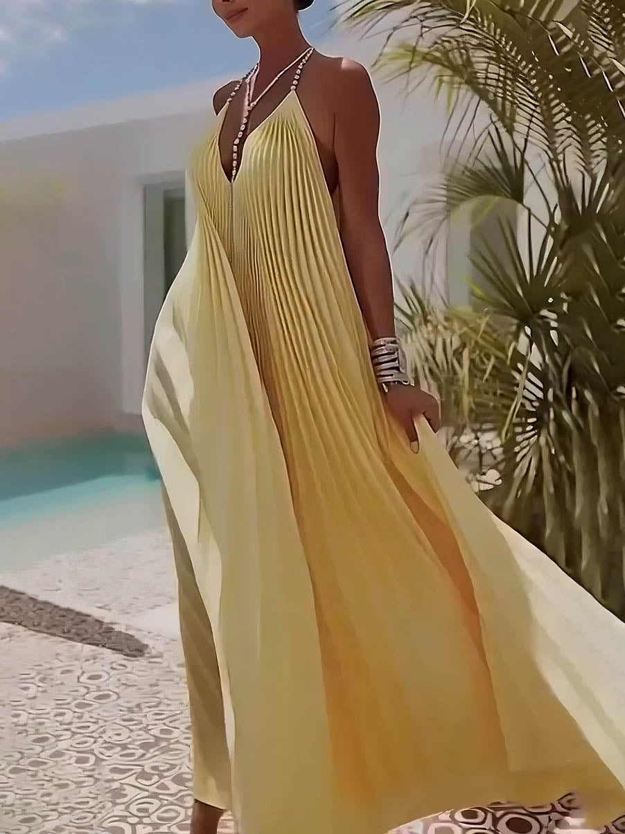 Elegantes plissiertes rückenfreies Chiffon-Maxikleid mit V-Ausschnitt