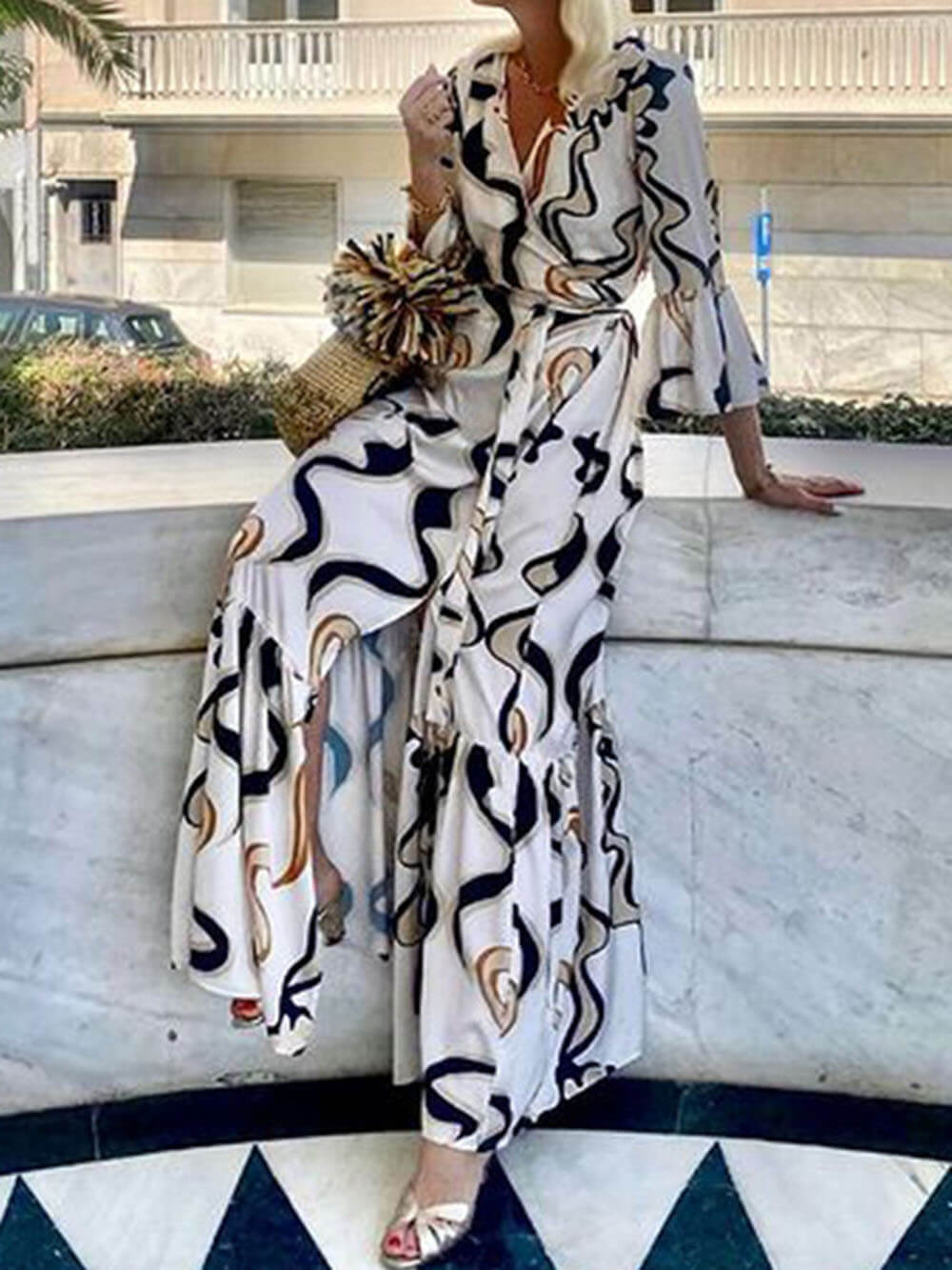 Robe longue ample à imprimé bohème avec ceinture nouée à la taille