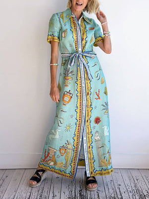 Robe chemise longue d'été à imprimé océan, style surréaliste moderne et unique