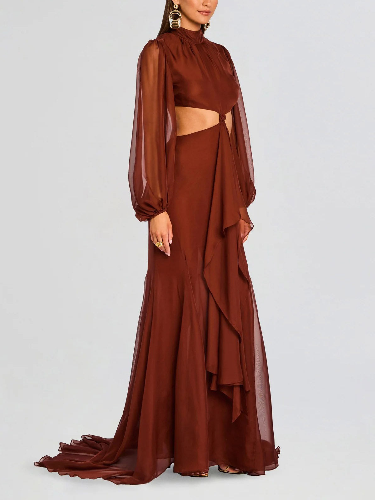 Elegant Cutout High-Neck Long-Sleeved Ruffled Maxi Dress