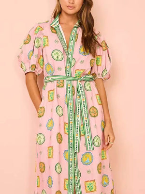 Robe longue unique en lin à imprimé graffiti et manches lanternes