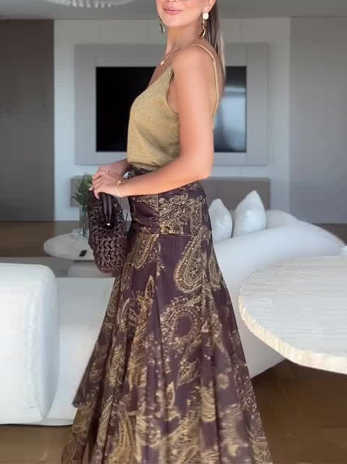 Exquisite Vintage Paisley Print Pleated Skirt