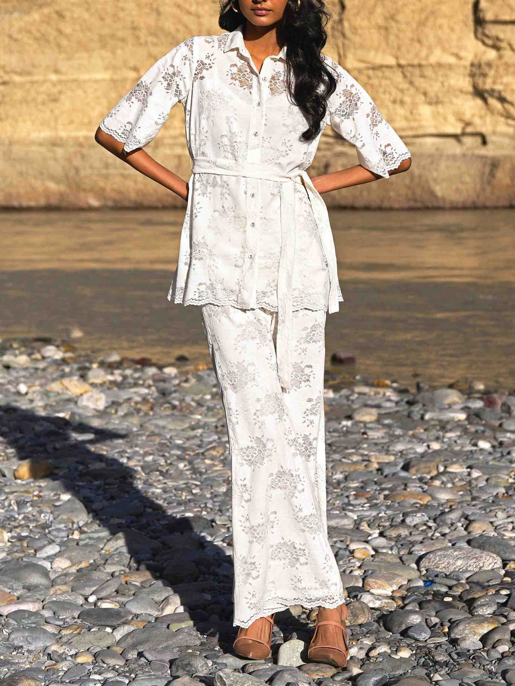 Elegant Floral Lace Elastic Waist Flared Pants