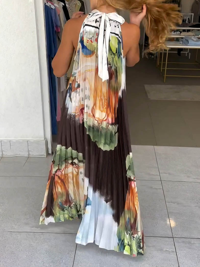 Einzigartiges plissiertes Maxikleid mit abstraktem Landschaftsdruck