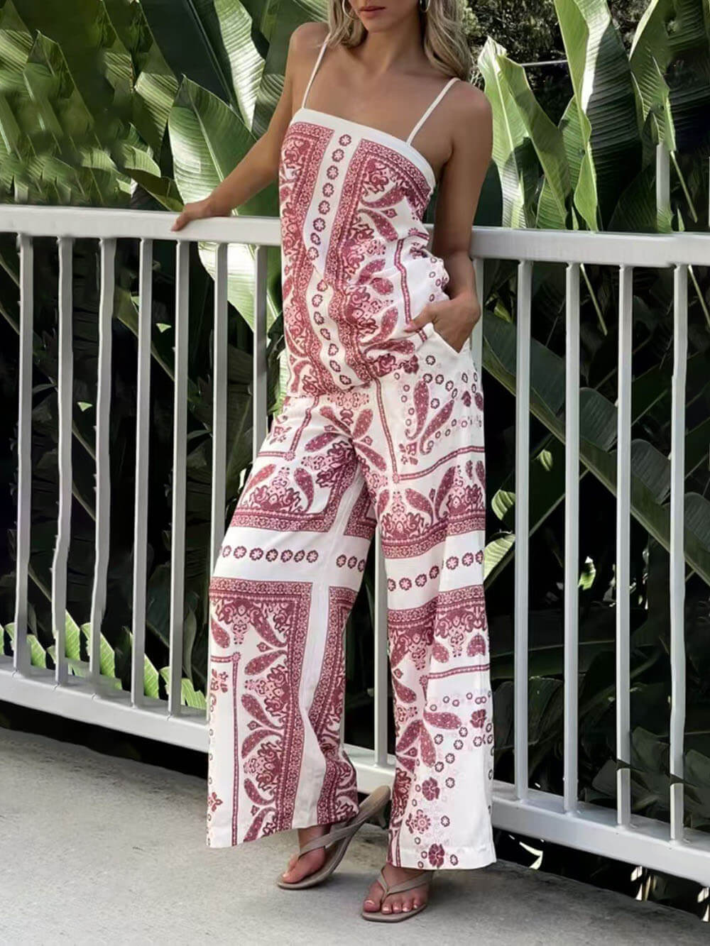 Modern Unique Floral Print High Waist Pocket Wide Leg Pants
