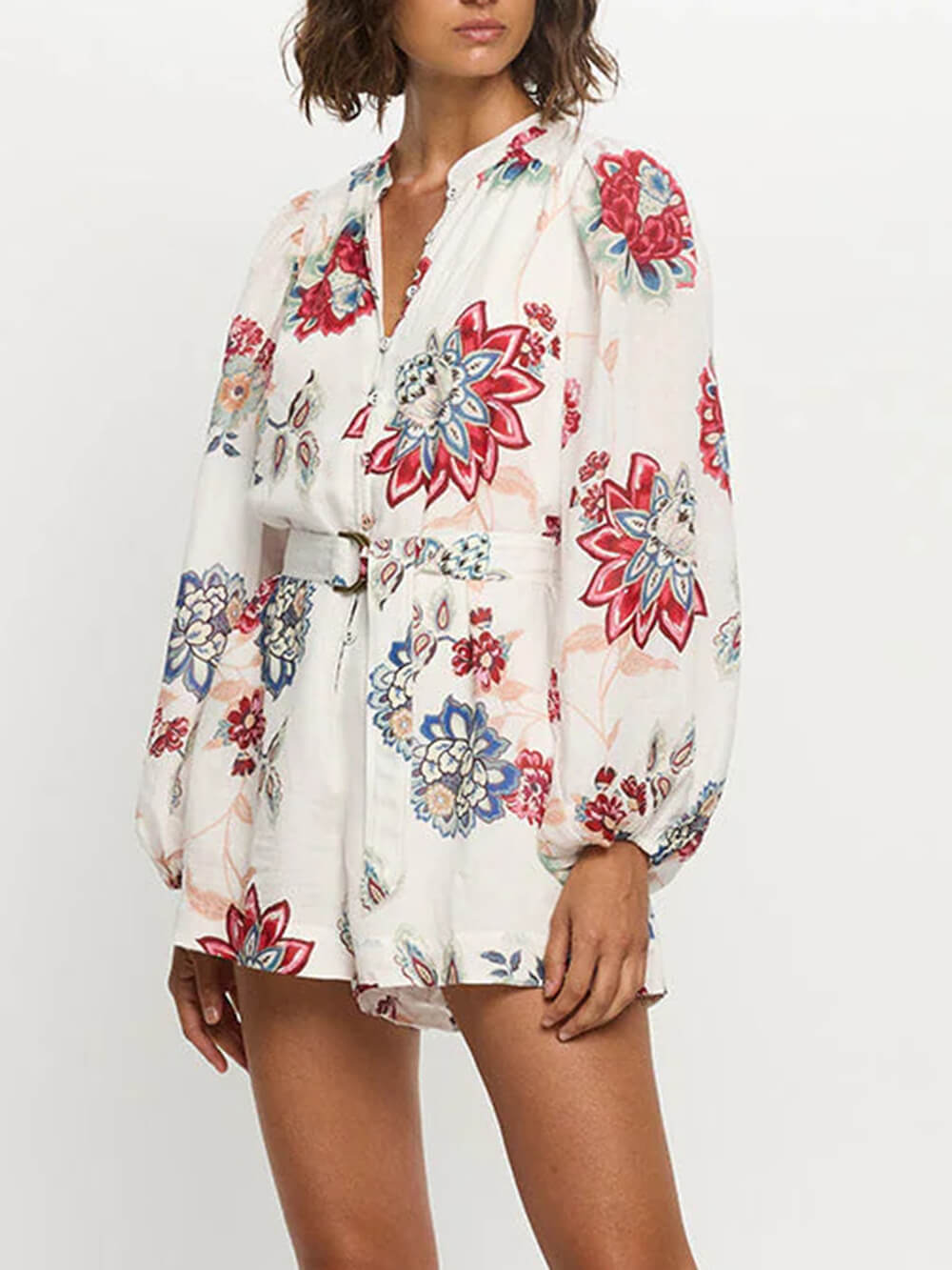 Combinaison élégante en lin à lacets et imprimé floral