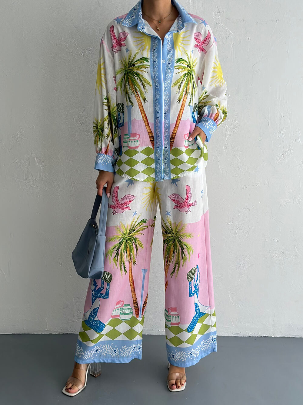 Chemise ample boutonnée surdimensionnée à imprimé palmiers en bord de mer