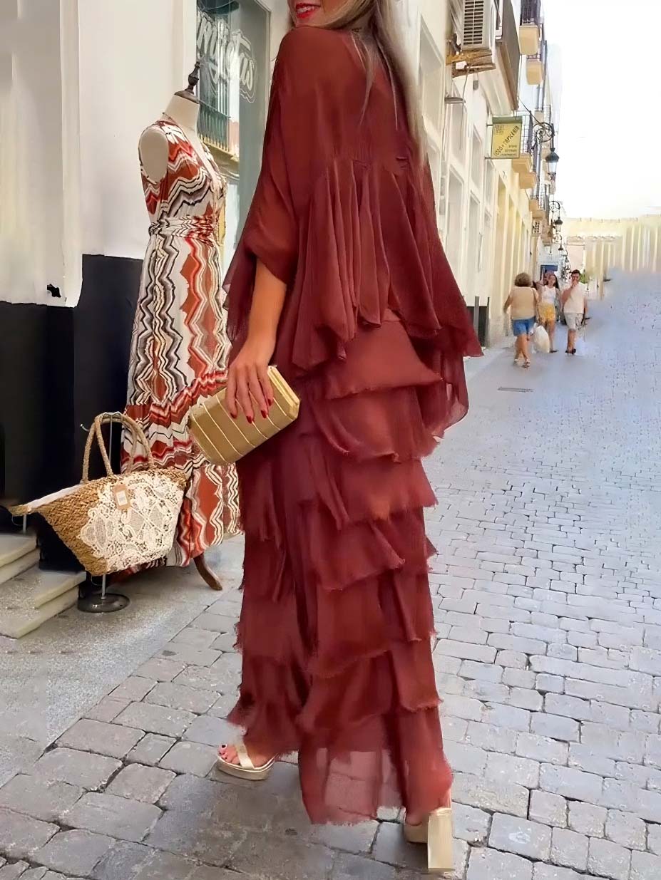 Elegant Layered Asymmetrical Ruffled Cape Maxi Dress