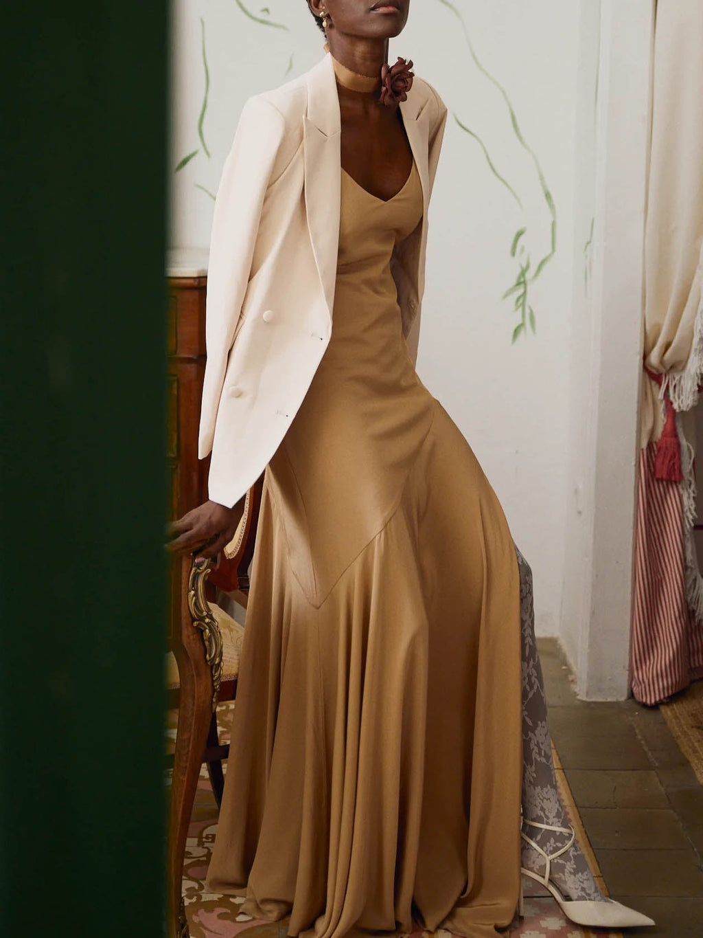 Elegant High Neck Ruffle Cape Maxi Dress