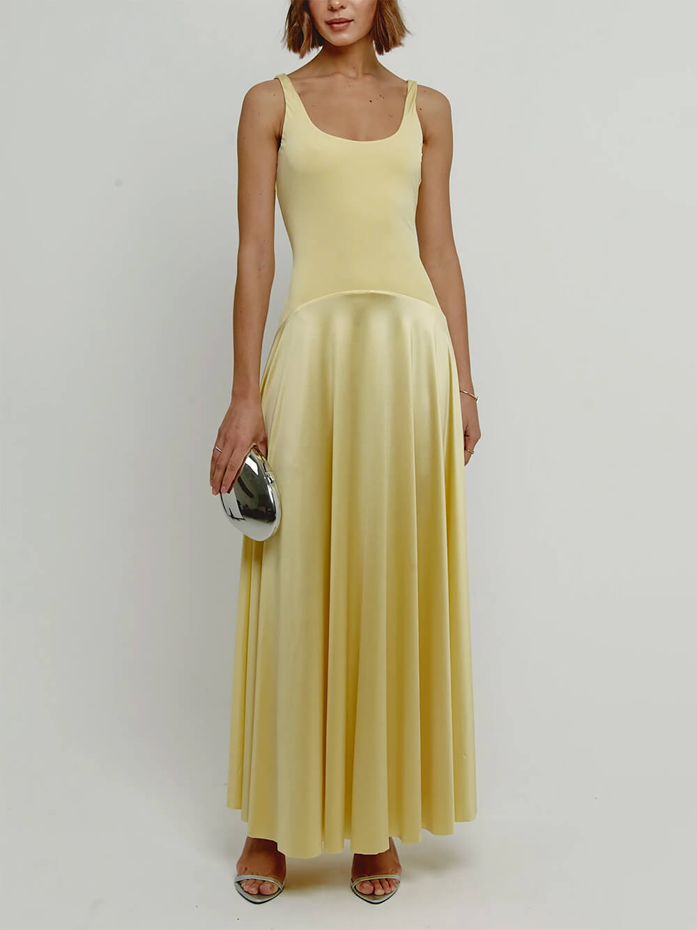 Elegant Curved Waist Spliced Satin Party Maxi Dress