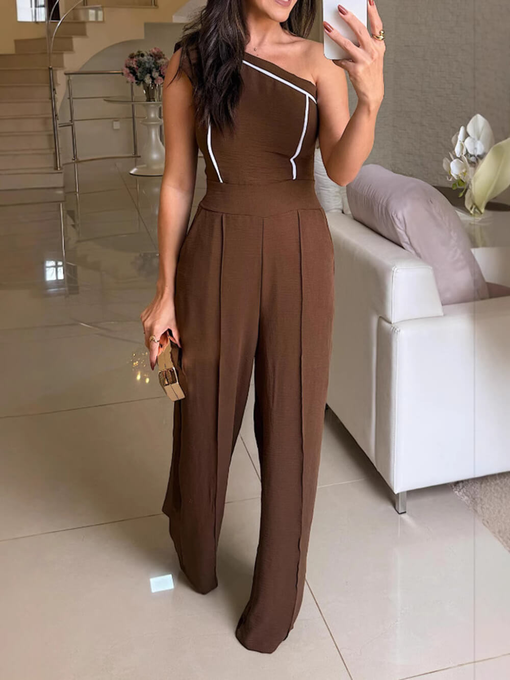 Elegant Off-Shoulder Tie-Up Slim Fit Straight Jumpsuit